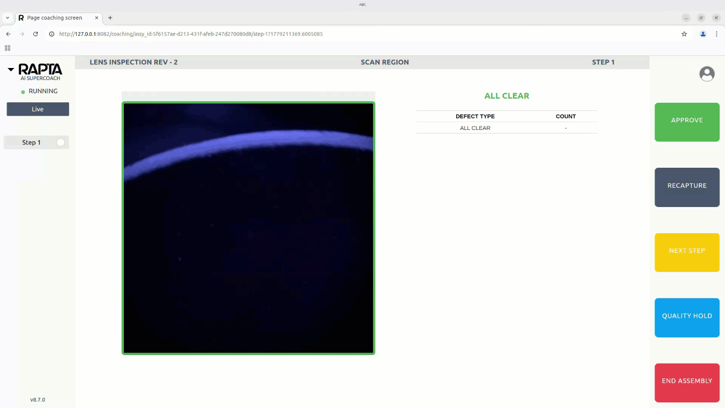 AI-powered UV FOD inspection detecting contamination on optical lens